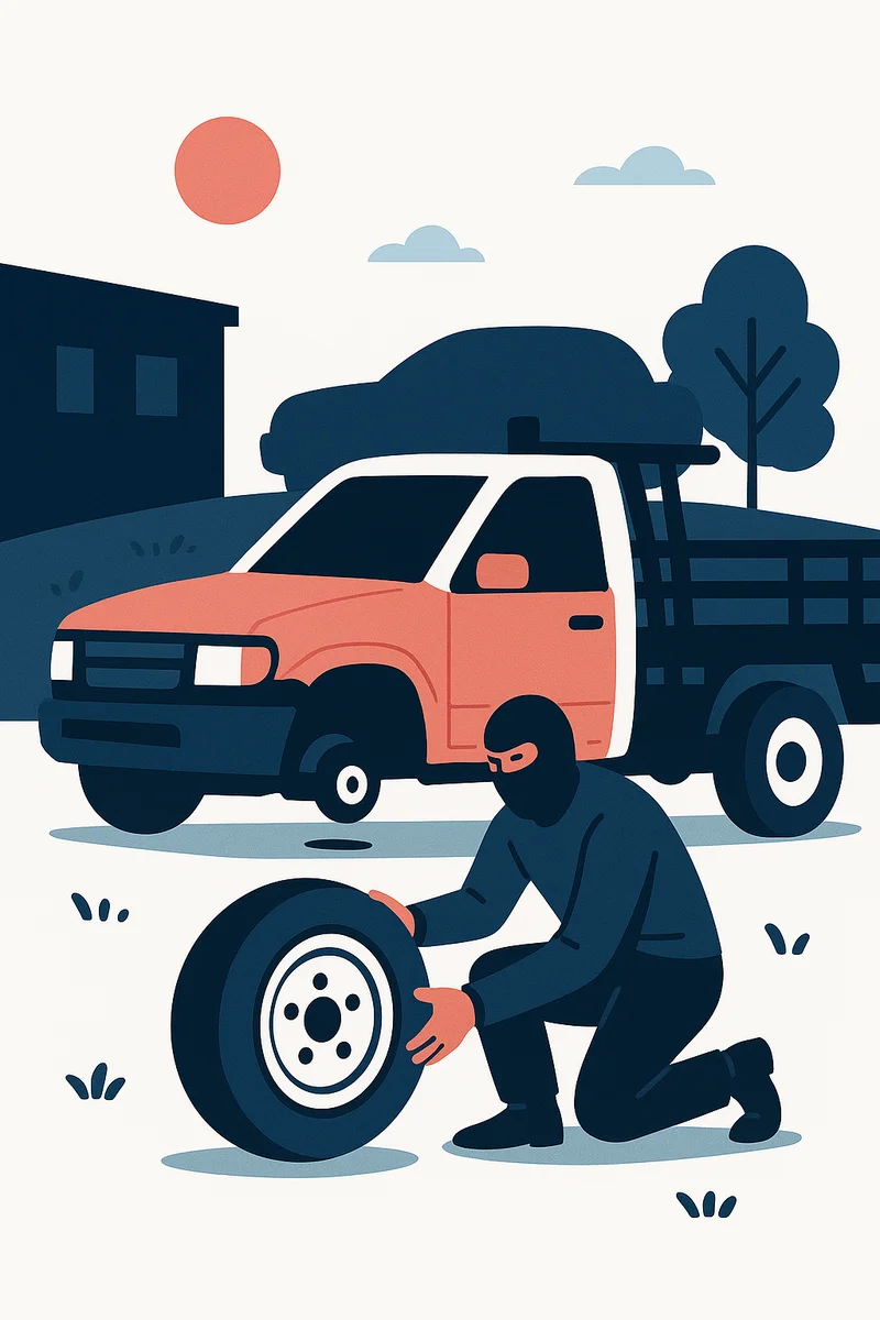 Illustration of a masked thief crouching beside a pickup truck